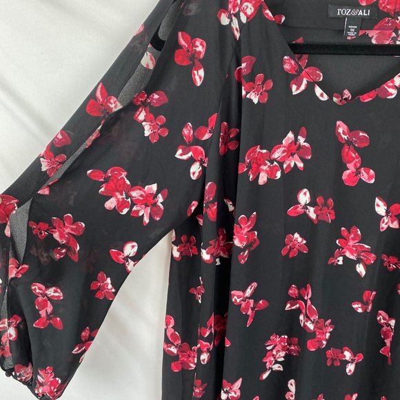 Roz & Ali Floral V-Neck Blouse w/Multi-Slit Chiffon Sleeves - Size 2X - Picture 10 of 10